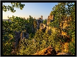 Góry Połabskie, Park Narodowy Saskiej Szwajcarii, Niemcy, Formacja skalna, Bastei, Skały, Most, Drzewa