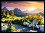 Tatrzański Park Narodowy, Tatry Wysokie, Szczyrbskie Jezioro, Góry, Drzewa, Kamienie, Kwiaty, Niebo, Zachód słońca, Słowacja