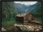 Góry, Jezioro, Chata, Kamienie, Niemcy, Bawaria
