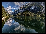 Austria, Góry Dachstein, Jezioro Gosau, Drzewa, Chmury, Odbicie