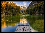 Słowenia, Góry, Jezioro Plansarsko, Pomost, Las, Drzewa, Odbicie