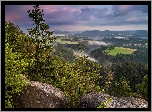 Park Narodowy Saskiej Szwajcarii, Skały, Góry Połabskie, Lasy, Drzewa, Wschód słońca, Niemcy