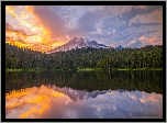 Park Narodowy Mount Rainier, Góry, Jezioro, Drzewa, Wschód słońca, Chmury, Stan Waszyngton, Stany Zjednoczone