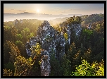 Park Narodowy Saskiej Szwajcarii, Skały, Góry Połabskie, Niemcy, Lasy, Drzewa, Wschód słońca