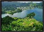 Jezioro, Góry, Lasy, Pola, Miasteczko, Z lotu, Ptaka
