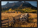 Góry Skaliste, San Juan Mountains, Góra Sneffels Range, Pola, Łąki, Lasy, Droga, Jesień, Ogrodzenie, Płot, Kolorado, Stany Zjednoczone