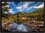 Góry, Jezioro Sprague Lake, Park Narodowy Gór Skalistych, Powalone, Drzewa, Chmury, Stan Kolorado, Stany Zjednoczone
