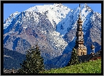 Góry, Alpy, Ośnieżone, Szczyty, Mont Blanc, Kościół, Eglise Saint Nicolas, Drzewa, Combloux, Francja