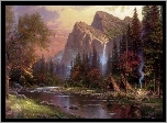 Góry, Rzeka, Las, Biwak, Thomas Kinkade