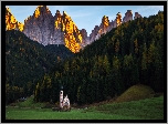 Kościół, Las, Góry, Dolina Val di Funes, Góry, Dolomity, Villnoss, Włochy