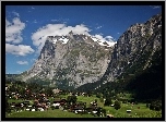 Góry, Alpy, Łąki, Chmury, Wioska, Grindelwald