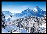 Zima, Góry, Las, Kościół, Droga, Samochód, Berchtesgaden