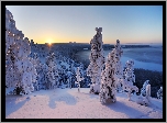 Zima, Góry, Lasy, Zachód Słońca, Kuusamo, Finlandia