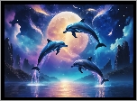 Delfiny, Morze, Księżyc, Grafika