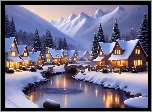 Zima, Góry, Domy, Światła, Rzeka, Mostek, Drzewa, Grafika