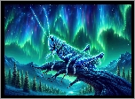 Grafika AI, Konik polny, Zorza polarna, Góry, Drzewa, Konar