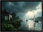 Rzeka, Dom, Łódki, Łowienie, Rybacy, Zachmurzone, Niebo, Grafika