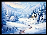 Grafika, Zima, Góry, Drzewa, Ośnieżone, Dom, Ogrodzenie, Droga, 2D