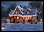 Boże Narodzenie, Zima, Dom, Drzewa, Światła, Noc, Grafika