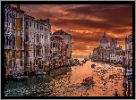 Bazylika św. Marka, Kanał, Canal Grande, Domy, Wenecja, Włochy, Wschód słońca, Łodzie