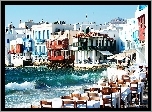 Grecja, Mykonos, Domy, Morze, Stoliki, Krzesełka