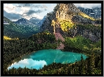 Góry, Jezioro Grinnell Lake, Drzewa, Park Narodowy Glacier, Montana, Stany Zjednoczone