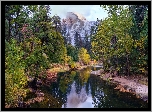 Stany Zjednoczone, Kalifornia, Park Narodowy Yosemite, Góry, Szczyt, Half Dome, Rzeka, Merced River, Drzewa