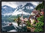 Austria, Hallstatt, Góry, Jezioro Hallstättersee, Chmury, Budynki