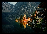 Austria, Hallstatt, Kościół, Jezioro Hallstättersee, Domy, Góry