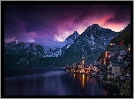 Austria, Hallstatt, Jezioro Hallstättersee, Domy, Góry, Kościół