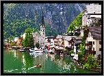 Jezioro Hallstattersee, Kościół, Domy, Łodzie, Góry, Hallstatt, Austria
