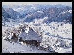 Góry, Domy, Drzewa, Zima, Pejzaż, Malarstwo, Obraz, Karl Hauptmann