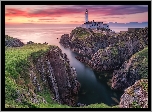Morze, Latarnia morska, Fanad Head Lighthouse, Skały, Zachód słońca, Portsalon, Hrabstwo Donegal, Irlandia Północna