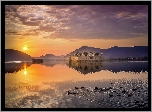 Indie, Jaipur, Jezioro Man Sagar, Pałac Jal Mahal, Zachód słońca, Kaczki, Chmury, Odbicie