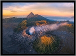 Indonezja, Jawa, Wulkany, Mount Bromo, Mount Semuru, Wschód słońca, Dym