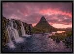 Wodospad Kirkjufellsfoss, Skała, Góra Kirkjufell, Rzeka, Wschód słońca, Islandia