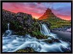 Islandia, Góra Kirkjufell, Wodospad, Skały, Roślinność