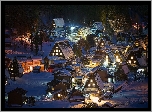 Zima, Oświetlone, Domy, Wieś Shirakawa, Prefektura Gifu, Honsiu, Japonia