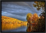 Jesień, Jezioro, Drzewa, Niebo, Chmury, Tęcza