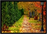 Jesień, Park, Ścieżka, Latarnie