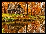 Jesień, Drzewa, Las, Staw, Dom, Odbicie
