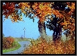 Jesień, Drzewa, Liście, Droga, Krzyż