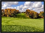 Jesień, Pole, Golfowe, Drzewa, Domek