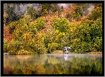 Jesień, Jezioro, Las, Drzewa, Odbicie, Mgła, Chata, Park Narodowy Lake District, Kumbria, Anglia
