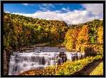 Jesień, Rzeka, Wodospad, Kolorowe, Drzewa, Latarnia