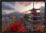 Świątynia, Chureito Pagoda, Góra, Fudżi, Mount Fuji, Drzewa, Jesień, Miasto Fujiyoshida, Prefektura Yamanashi, Wyspa Honsiu, Japonia