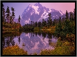 Jesień, Góry, Góra, Mount Shuksan Drzewa, Jezioro, Picture Lake, Odbicie, Stan Waszyngton, Stany Zjednoczone, Park Narodowy Północnych Gór Kaskadowych