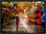 Jesień, Deszcz, Ulica, Autobus, Kobieta, Parasol