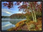 Jesień, Jezioro, Mgiełka, Drzewa