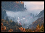 Jesień, Dolina, Domy, Mgła, Drzewa
